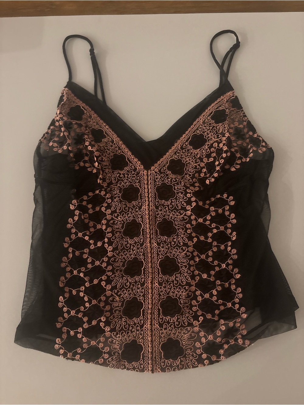 delicates Black Lingerie Cami with Rose-Gold Floral Embroidery